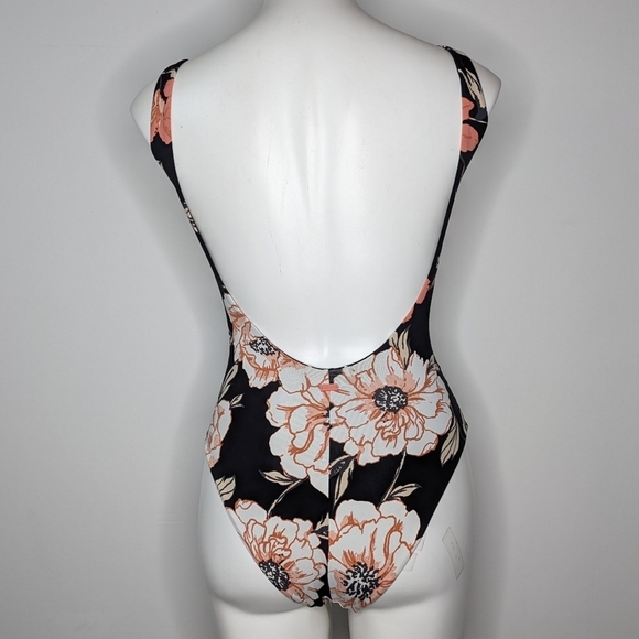 Roxy Black White Peach Floral Lace Up Low Back One Piece Swimsuit XS - Picture 5 of 10